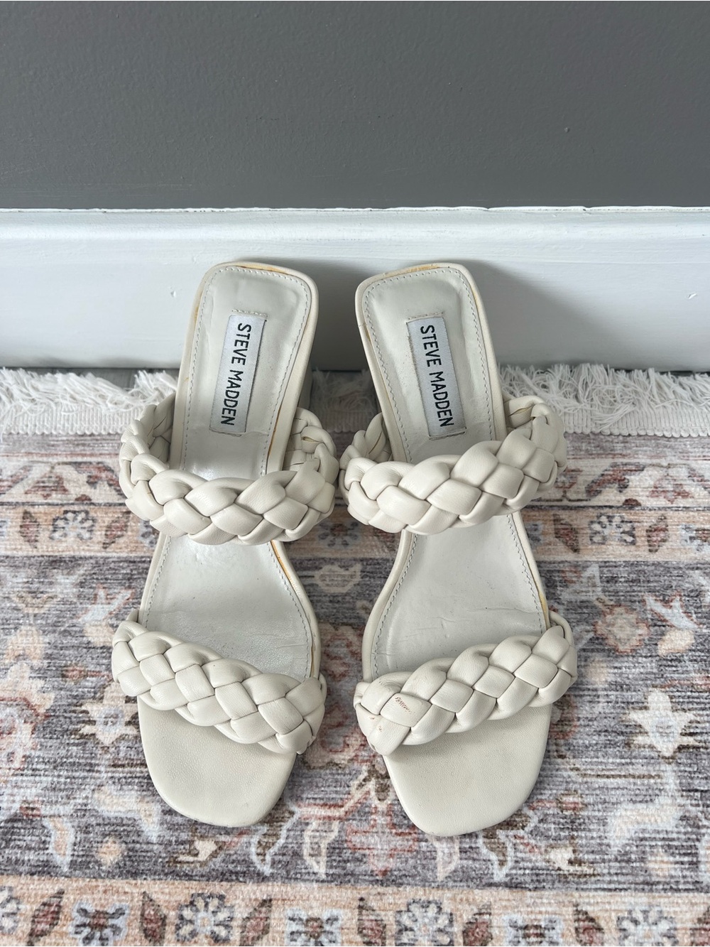 Steve Madden Cream Braided Double-Strap Heeled Slides